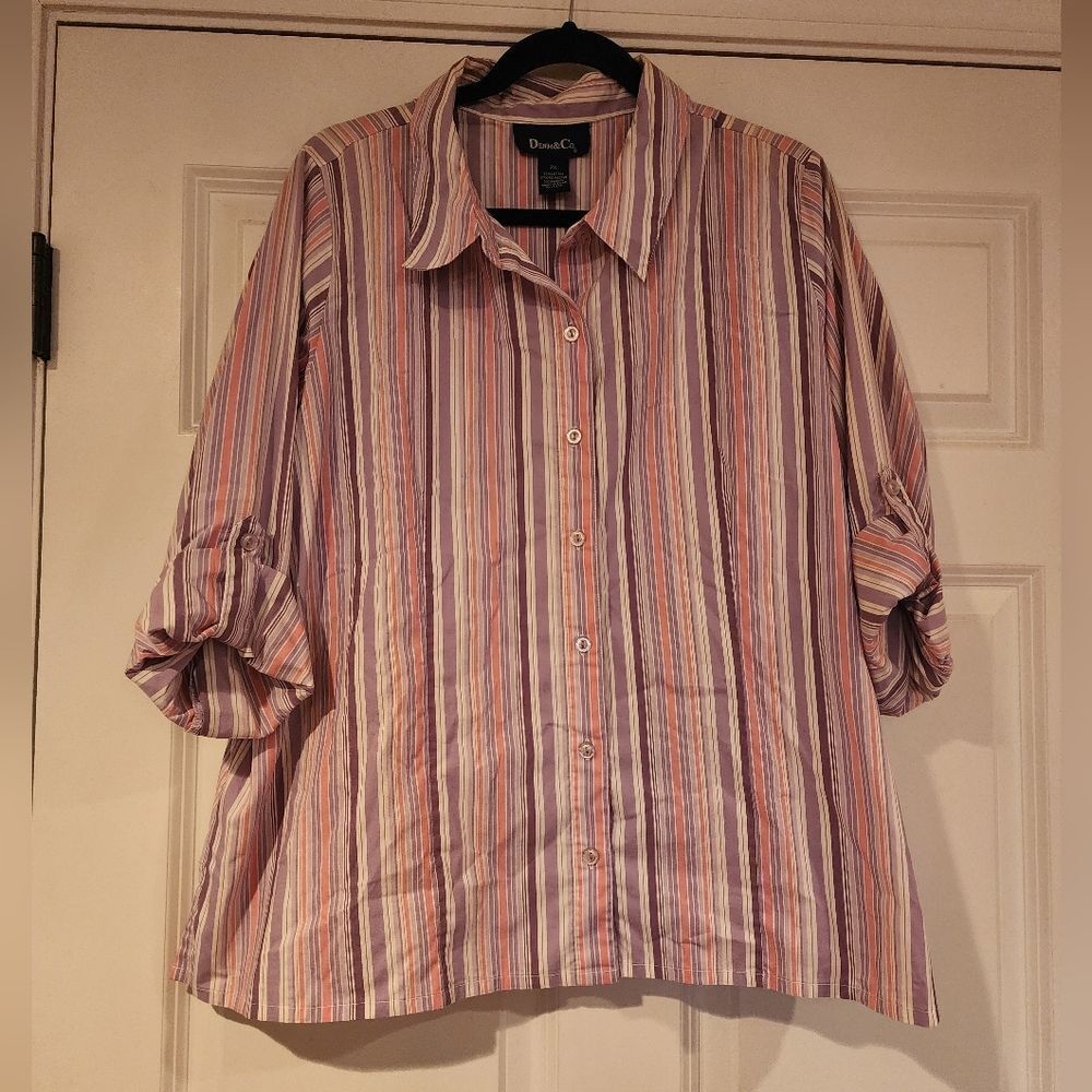 Denim & Co purple, pink, and white striped button up shirt 2x